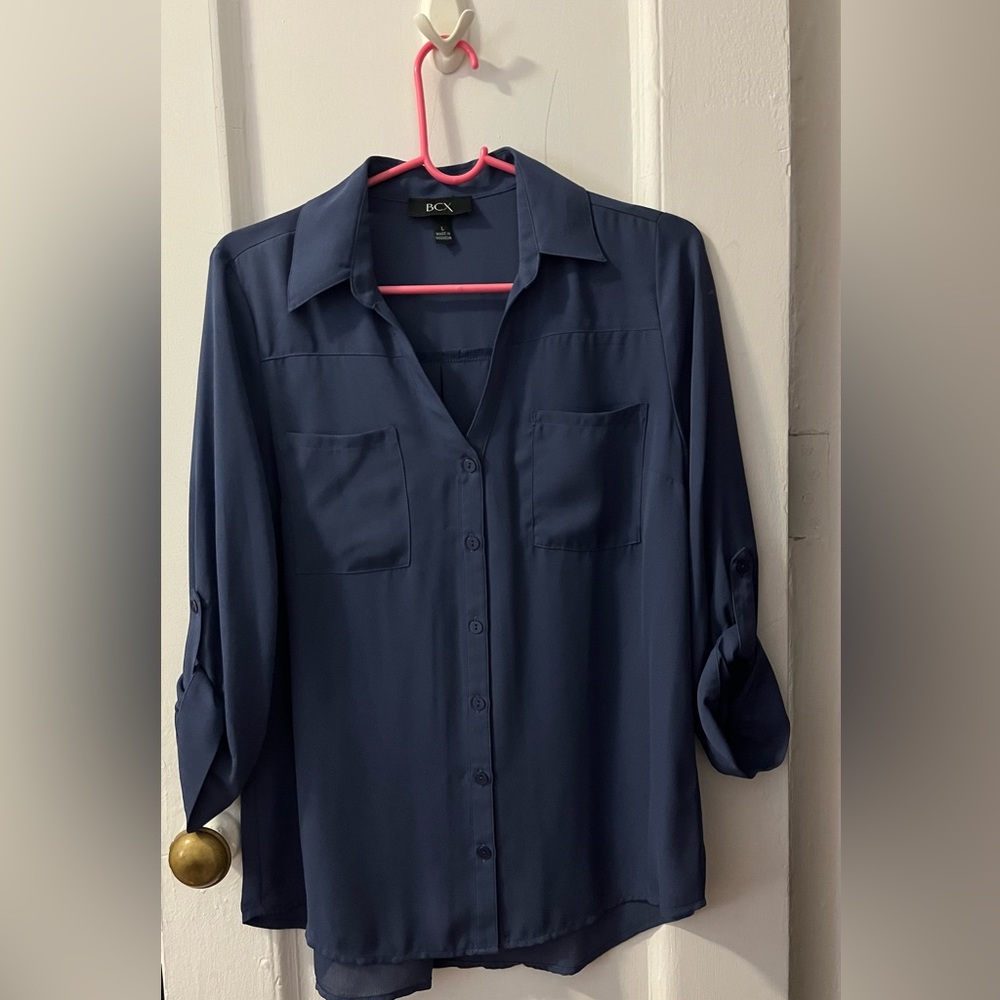 BCX Dark Blue Long Sleeve Blouse, Size Large